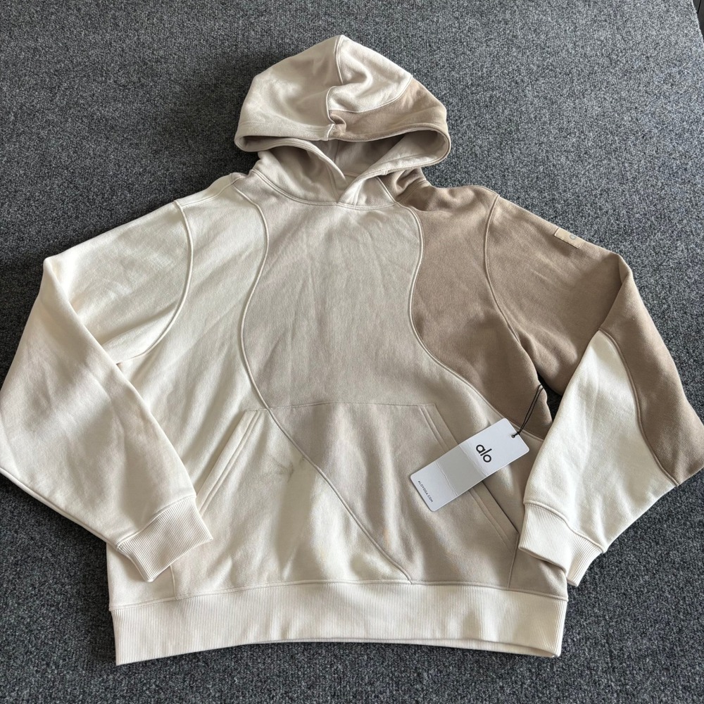 Alo Yoga Women Colorblock Hoodie Tan Ivory Beige Hooded Sweatshirt NWT XS